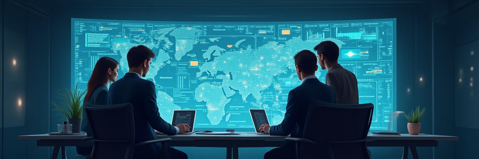 Team collaborating strategically in a modern office with abstract data visualizations