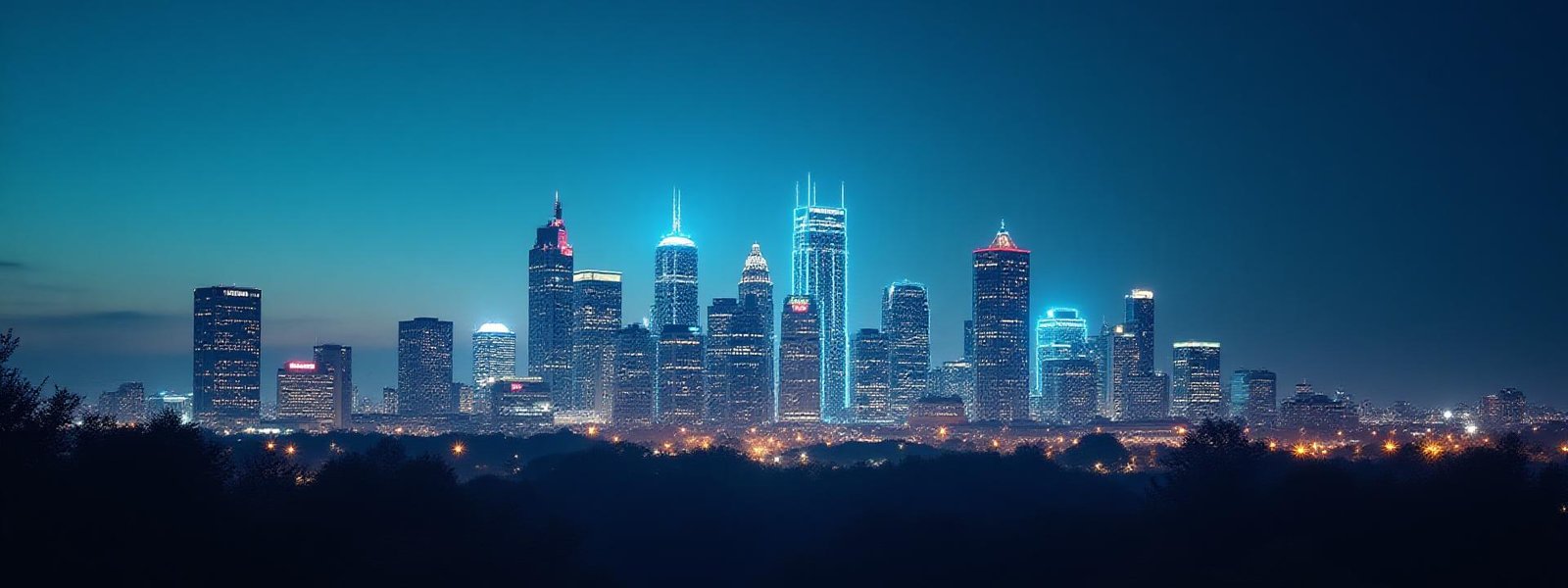 Austin Texas skyline at dusk with subtle, abstract overlay of blockchain network lines and data points