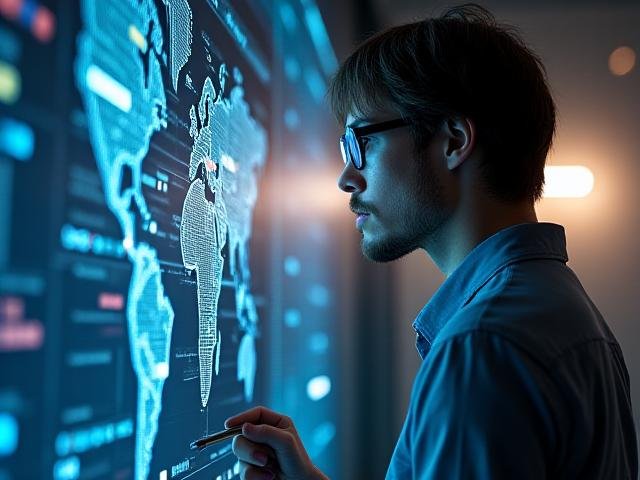Researcher studying interconnected data points on a digital interface
