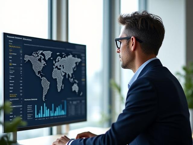 Risk manager reviewing complex financial data dashboards