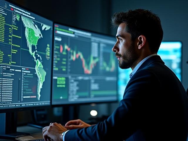 Trader analyzing real-time crypto market data on multiple screens